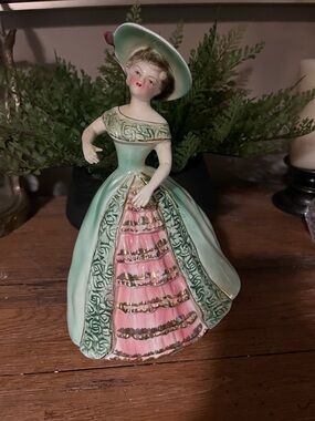 Vintage-Style Porcelain Lady Figurine in Mint Green and Pink with Gold Trim